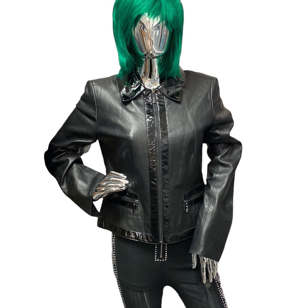 Carlisle Leather Jacket Womens Size 10 Black Full Zip Long Sleeve Moto Patent‎